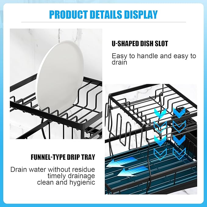 7 code Large Dish Drying Rack for Kitchen Counter,Detachable Large Capacity Dish Drainer Organizer with Utensil Holder,2-Tier Dish Drying Rack with Drain Board,Black