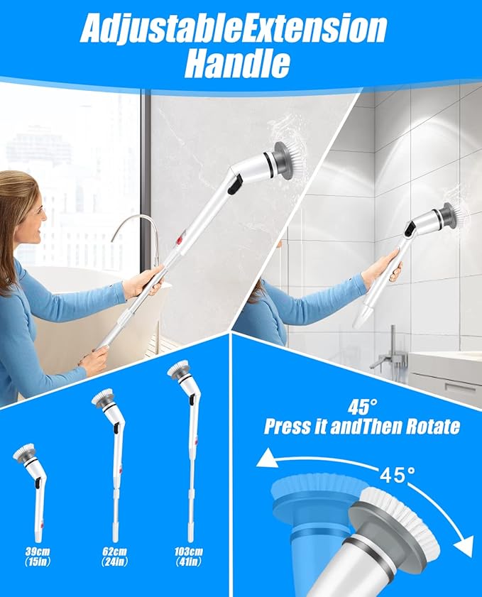 Electric Spin Scrubber Cordless Shower Cleaner Bathroom Cleaning Brush Scrubbing with Tool Free Adjustable Extension Arm and 5 Replaceable Heads for Tile Tub Kitchen Floor Bathroom, White