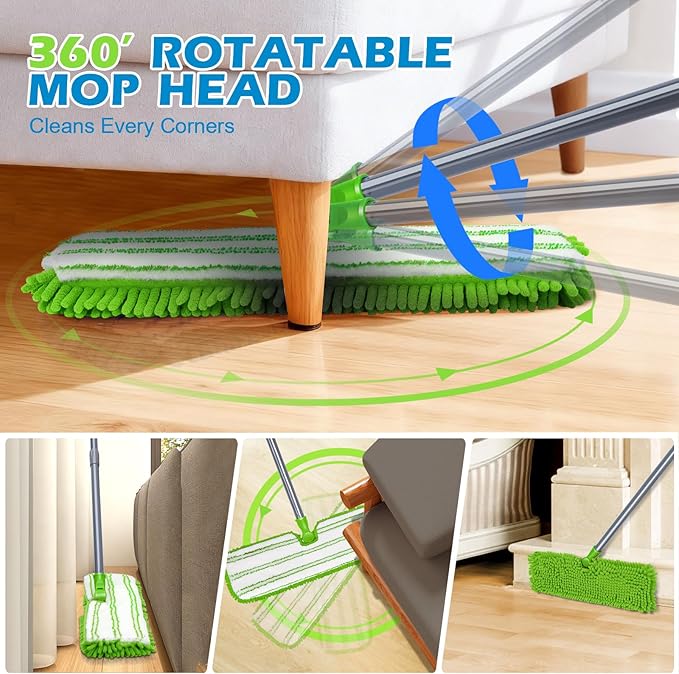 Masthome Flat Mop for Floor Cleaning, Double-Sided Dust Floor Mops with 4 Reusable Washable Pads, 125cm Stainless Steel Handle Microfiber Mop for Hardwood, Laminate, Vinyl, Tile Floors