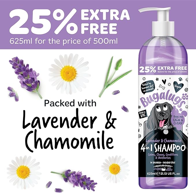 Bugalugs Lavender & Chamomile 4-in-1 Dog Shampoo and Conditioner - Professional Pet Grooming for Smelly Puppies - Vegan Formula (625ml)