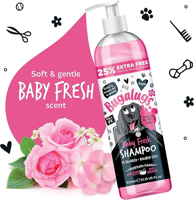 BUGALUGS Baby Fresh Dog Shampoo grooming products for smelly dogs with baby powder scent, best puppy shampoo, Vegan pet shampoo professional (625ml)