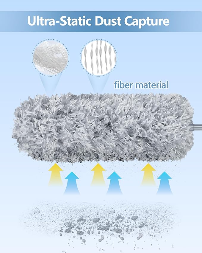 2026 Upgraded Extendable Feather Duster with Soft Silicone Cap, Telescopic Long Handled Microfiber Dusters for Cleaning, Cobweb High Ceiling Fan Roof Blinds Cars, Washable & Bendable
