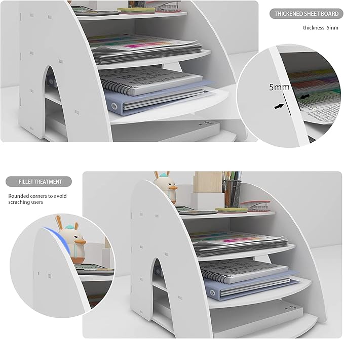 PUNCIA 4-Tier Letter Tray Desk Organiser A4 File Rack Paper Sorter Storage Desktop White Office Supplies Mail File Holder Document Notebook Stationery Storage Rack for Home Office School