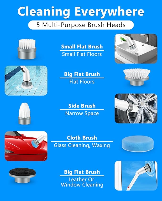 Electric Spin Scrubber Cordless Shower Cleaner Bathroom Cleaning Brush Scrubbing with Tool Free Adjustable Extension Arm and 5 Replaceable Heads for Tile Tub Kitchen Floor Bathroom, White
