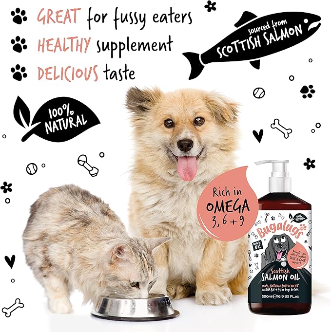 Bugalugs Scottish Salmon Oil For Dogs & Cats, Dog Supplement Support for Skin And Coat, Itchy Skin & Moulting, Omega 3 Fish Oil (Salmon, 500ml)