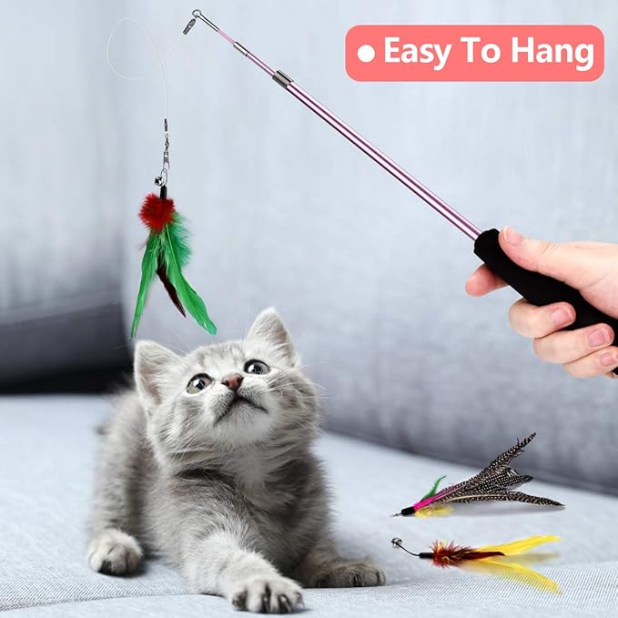 Cat Toys for Indoor Cats Adult: Interactive Kitten Feather Wand Toys - 15Pcs Cat Teaser Toys