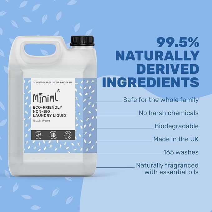Miniml Eco Laundry Liquid Washing Detergent 5L Refill - Natural Non Bio Fresh Linen Scented Clothes and Fabric Softener for Machine or Delicate Hand Cleaning - 100% Vegan & Cruelty Free (165 Washes)