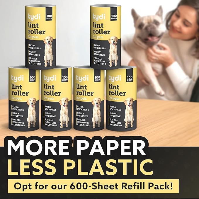 Tydi Pet Lint Rollers - 500 Sheets of Lint Roller Refills & 2 Handles - 100 Sheets per Sticky Clothes Roller - Lint Rollers for Pet Hair - Reusable Lint Roller for Clothes - Fluff Remover for Clothes