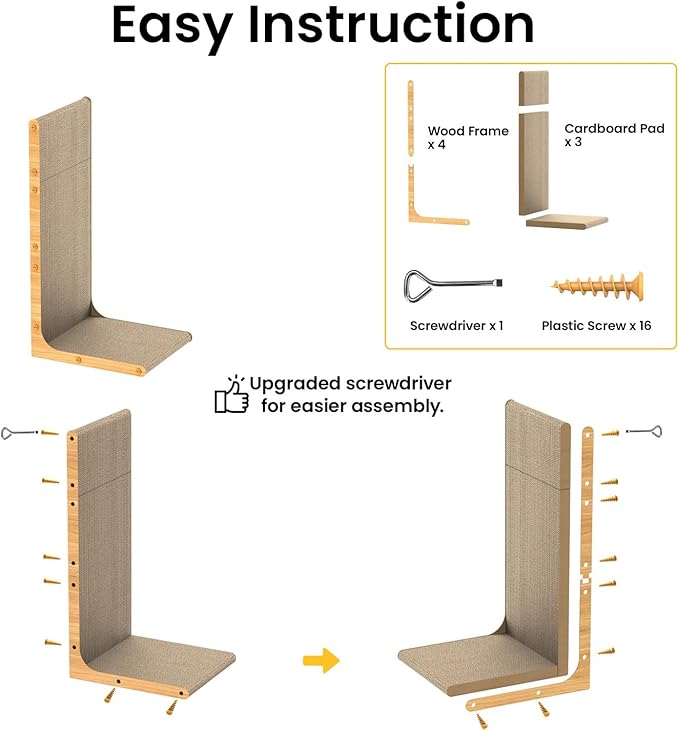 Conlun Cardboard Cat Scratcher,58 cm L Shape Scratch Pad Wall Mounted,Vertical Scratching Post Durable Cardboard to Protect Furniture for Indoor Cats,Wood Grain Large