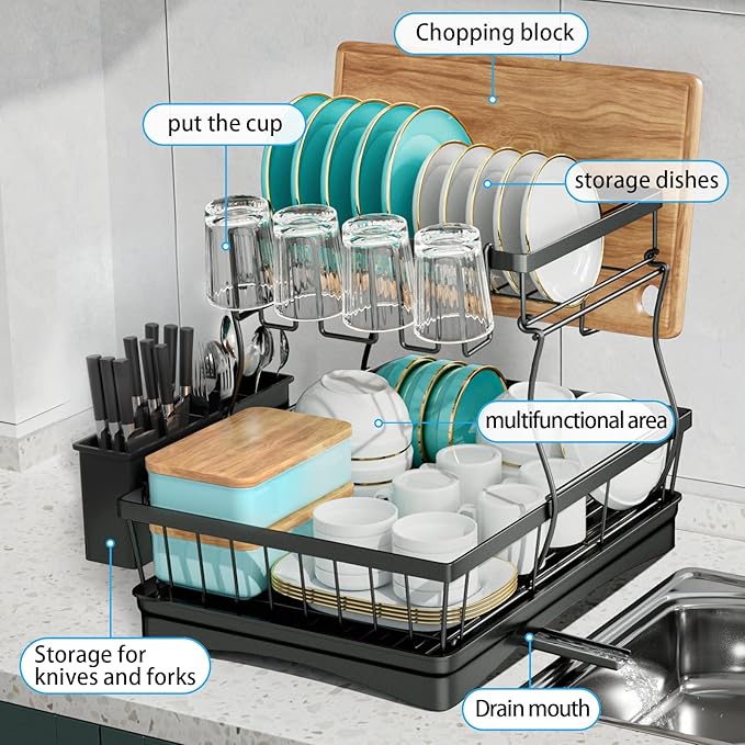 7 code Large Dish Drying Rack for Kitchen Counter,Detachable Large Capacity Dish Drainer Organizer with Utensil Holder,2-Tier Dish Drying Rack with Drain Board,Black