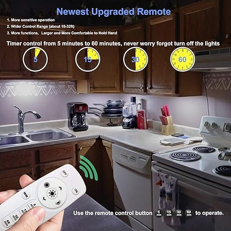 LDOPTO Under Cabinet Kitchen Lights with Remote Dimmable LED Cupboard Battery Powered LED Bedroom Lights with Timer for Kitchen Hallway, Multiple Colors 4 Pack [Energy Class A]