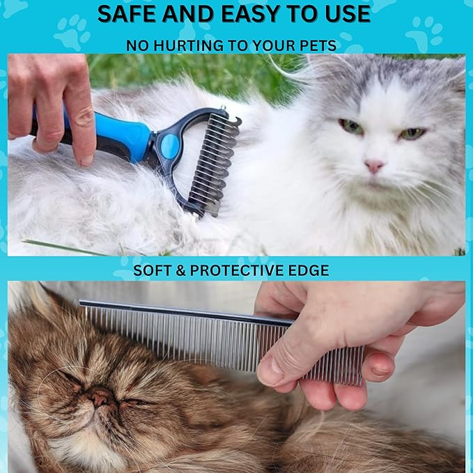 Candure Dematting Comb for Dog and Cat, Pet Grooming Rake and Brushes for Small, Medium & Large Dogs 17+9 Double Sided Deshedding Tool Removes Knots and Tangled Hair (Blue)