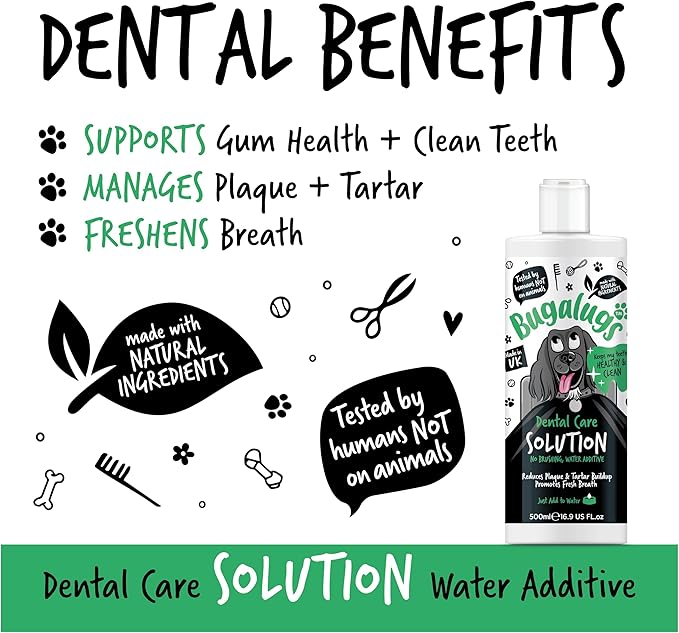 BUGALUGS Dog Breath Freshener Dental Care Water Additive. Clean Teeth, Healthy Gums & Fresh Breath - Natural Dog plaque remover & tartar remover for teeth - No Brushing Needed 500ml