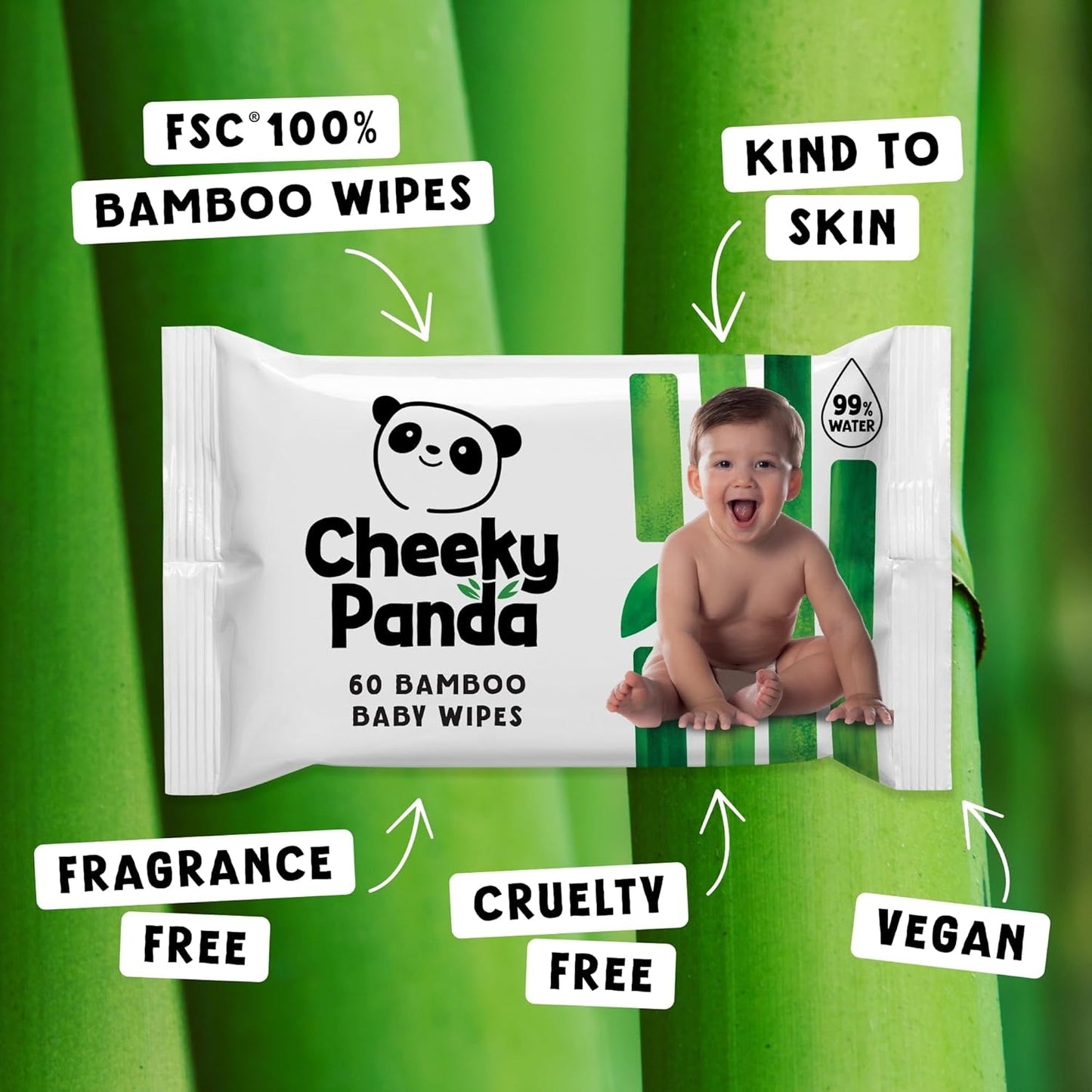 The Cheeky Panda Bamboo Baby Wipes – 99% Purified Water, Biodegradable & Plastic Free | Dermatologically Tested | Gentle for Newborn & Sensitive Skin