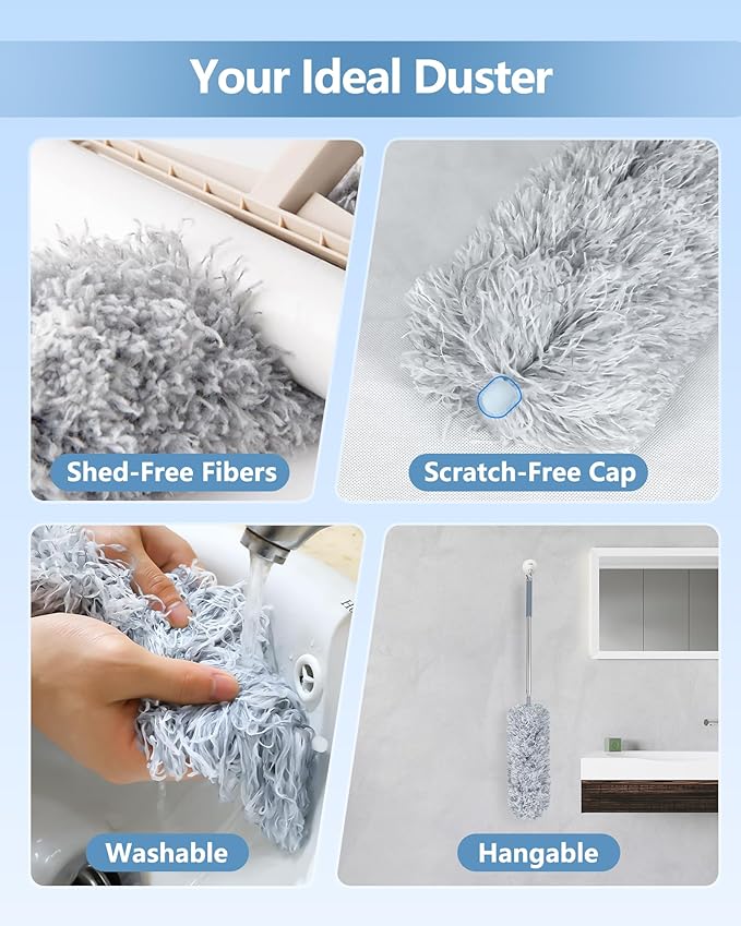 2026 Upgraded Extendable Feather Duster with Soft Silicone Cap, Telescopic Long Handled Microfiber Dusters for Cleaning, Cobweb High Ceiling Fan Roof Blinds Cars, Washable & Bendable