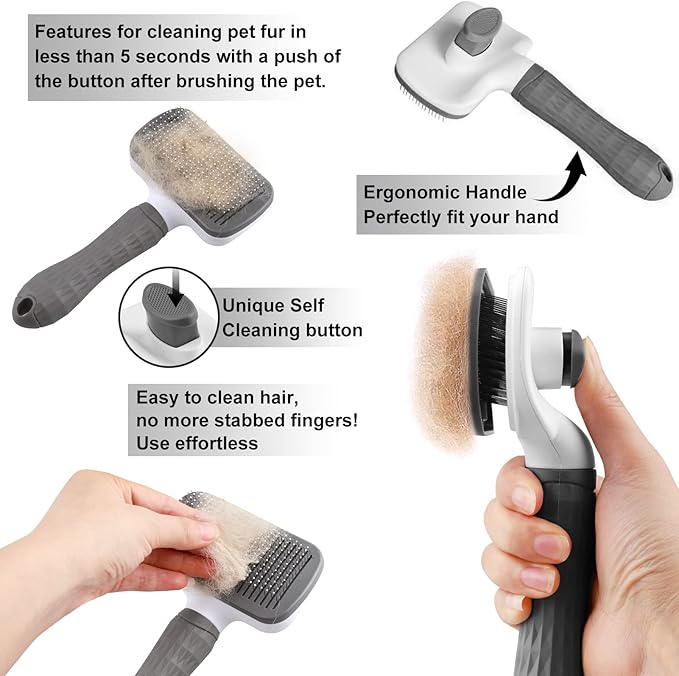 Dog Brush Cat Grooming Comb,Self Cleaning Pet Slicker Brushes with Smooth handle,Dog Grooming Tool with Button for Pet Shedding Brush Cat Massage Clean Tangled(Grey)