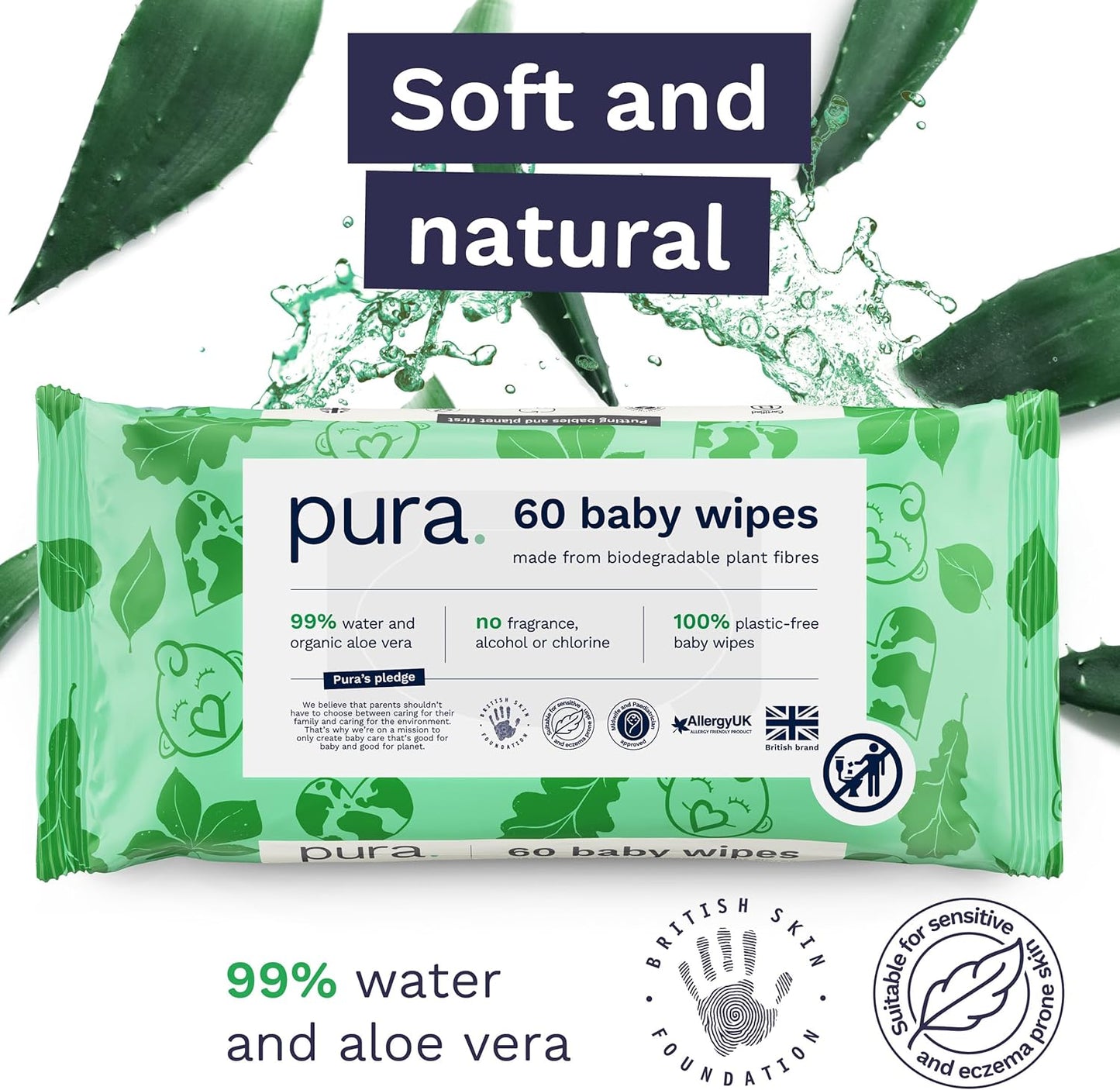 Eco Friendly Baby Water Wipes – 99% Water, 100% Plastic Free, Biodegradable & Compostable | Vegan, Fragrance Free, Suitable for Sensitive, Eczema Prone & Newborn Skin | 60 Pack