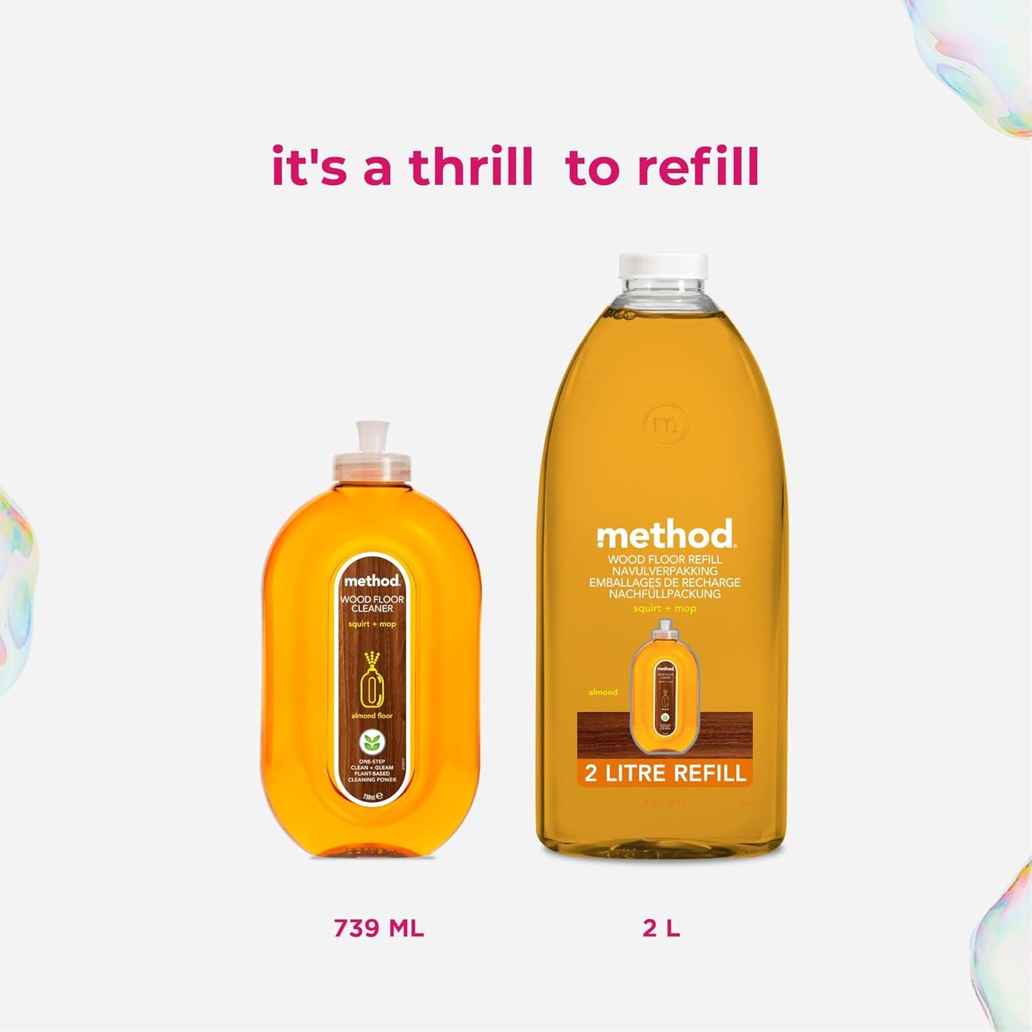 Method Wood Floor Cleaner Refill, Moisturising Oil, Surface Spray, Gently Cleans and Shines, Almond Natural Scent, Pack of 2, 2L