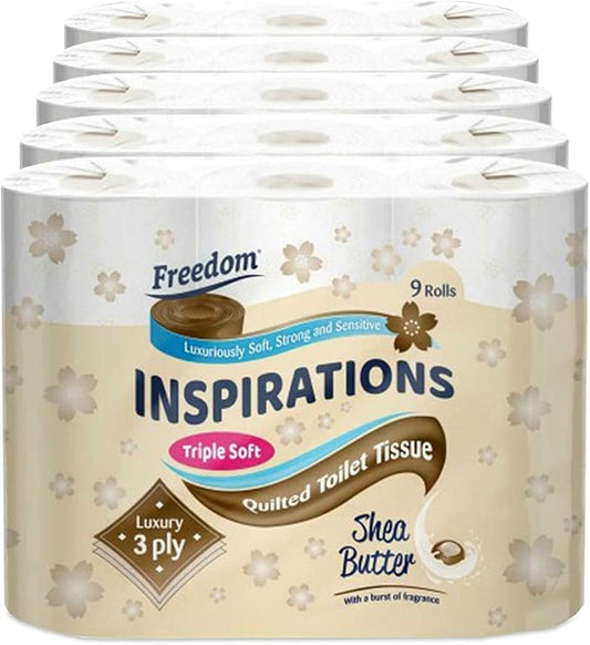 Freedom Inspirations Luxury 3Ply Toilet Roll - 45 Quilted Shea Butter Triple Soft and Scented Hygiene Bulk White Toilet Tissue and Loo Rolls