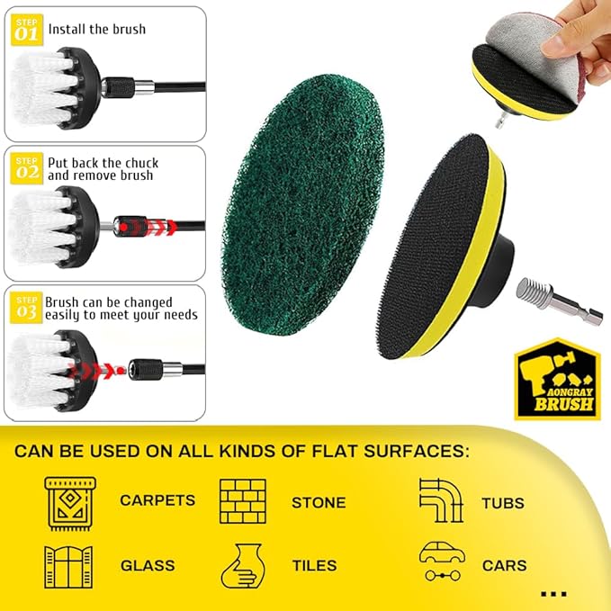 Aongray Drill Brush Attachment Set, 22pcs 1/4in Power Cleaning Brush with Scrub Pads + Extend Long Attachment, Scrubbing Brush for Cleaning Bathroom, Tile, Carpet, Grout, Car Wheels, Kitchen
