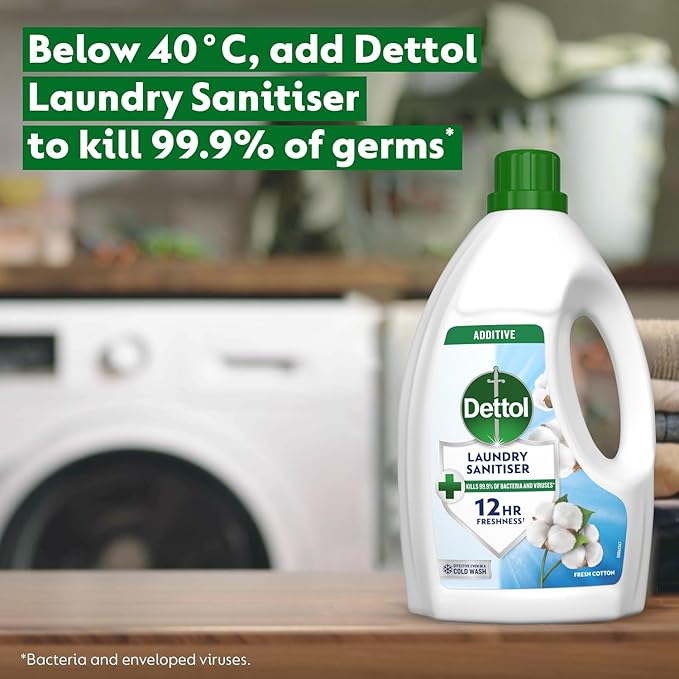 Dettol Laundry Sanitiser, Antibacterial, Fresh Cotton, 6L (1.5L x 4pck) 12hr Freshness, Hygienically Clean, Removes Odour, Kills 99.9 Percent of Bacteria