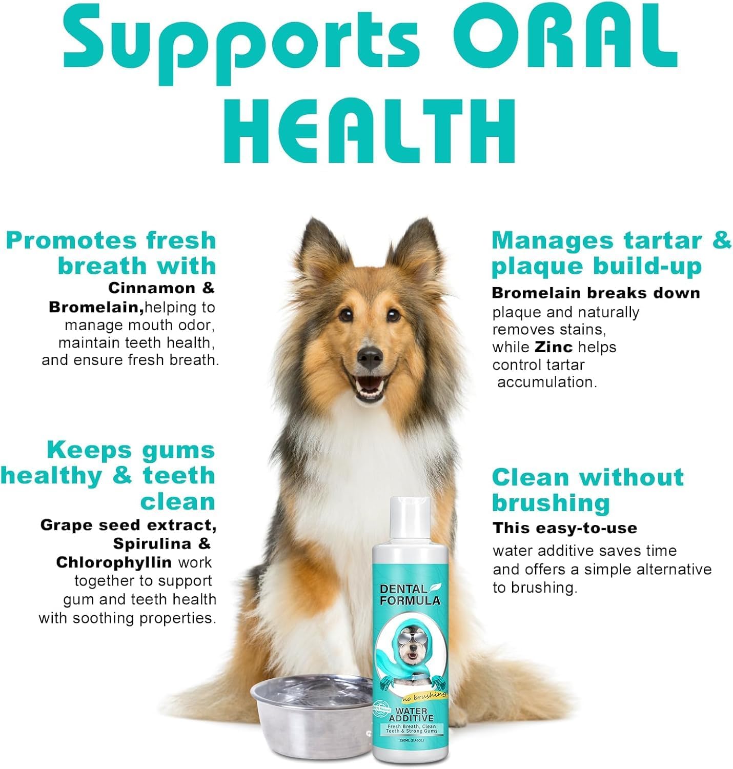 Bailey & buddies Dental Formula Water Additive For Dogs & Cats - Clean Teeth, Healthy Gums & Fresh Breath - Manage Plaque & Tartar Build-Up - No Brushing Needed - Oral Health (Single Pack)