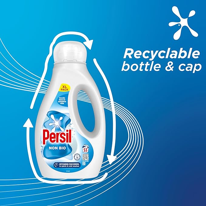 Persil Non Bio Laundry Washing Liquid Detergent outstanding stain removal in quick & cold washes tough on stains, gentle next to sensitive skin 53 washes (1.431 L), Packaging May Vary