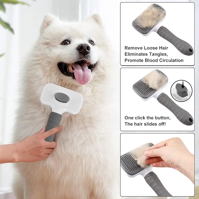Dog Brush Cat Grooming Comb,Self Cleaning Pet Slicker Brushes with Smooth handle,Dog Grooming Tool with Button for Pet Shedding Brush Cat Massage Clean Tangled(Grey)