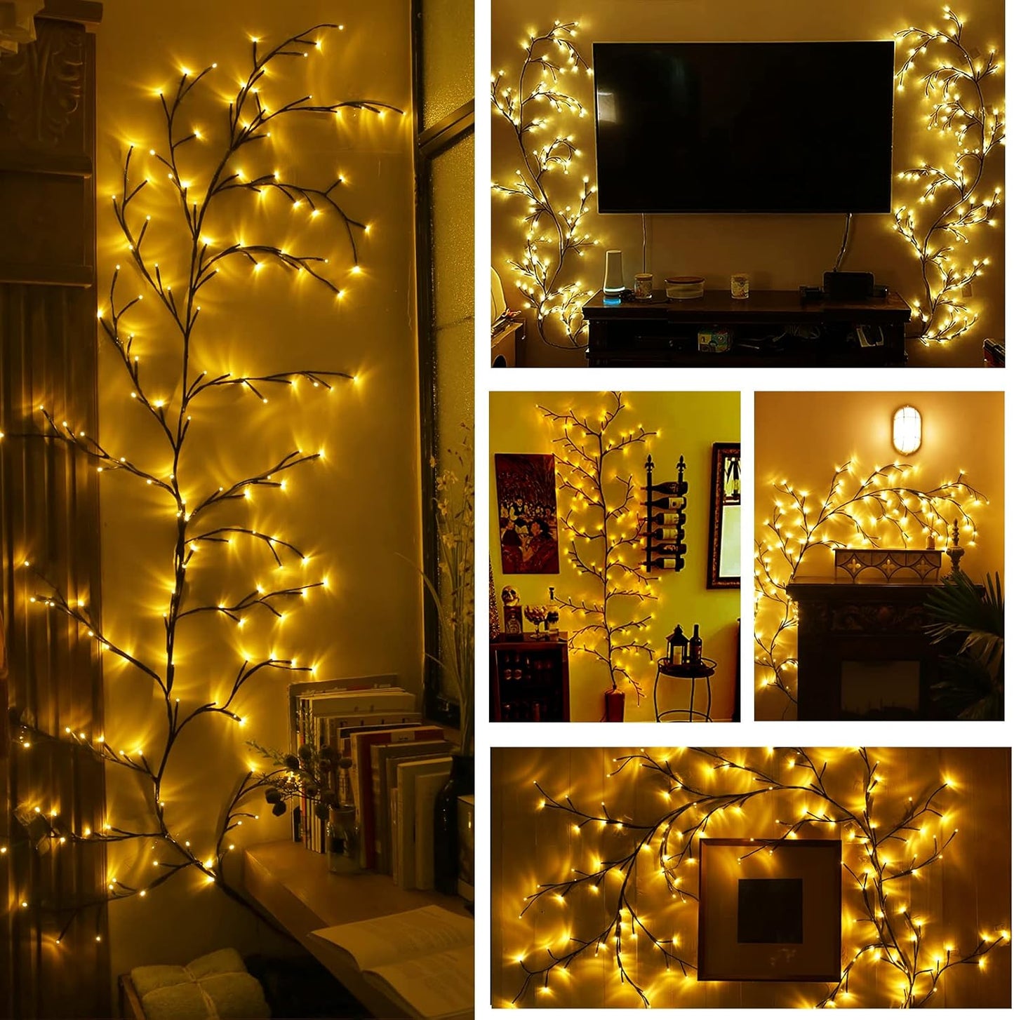 Twig String Lights for Bedroom, Lighted Willow Tree Vine Fairy Lights Plug in Powered,144 Warm White LED Twig Tree with Lights for Wall Indoor Bedroom Living Room Home Christmas Décor(1 packs)