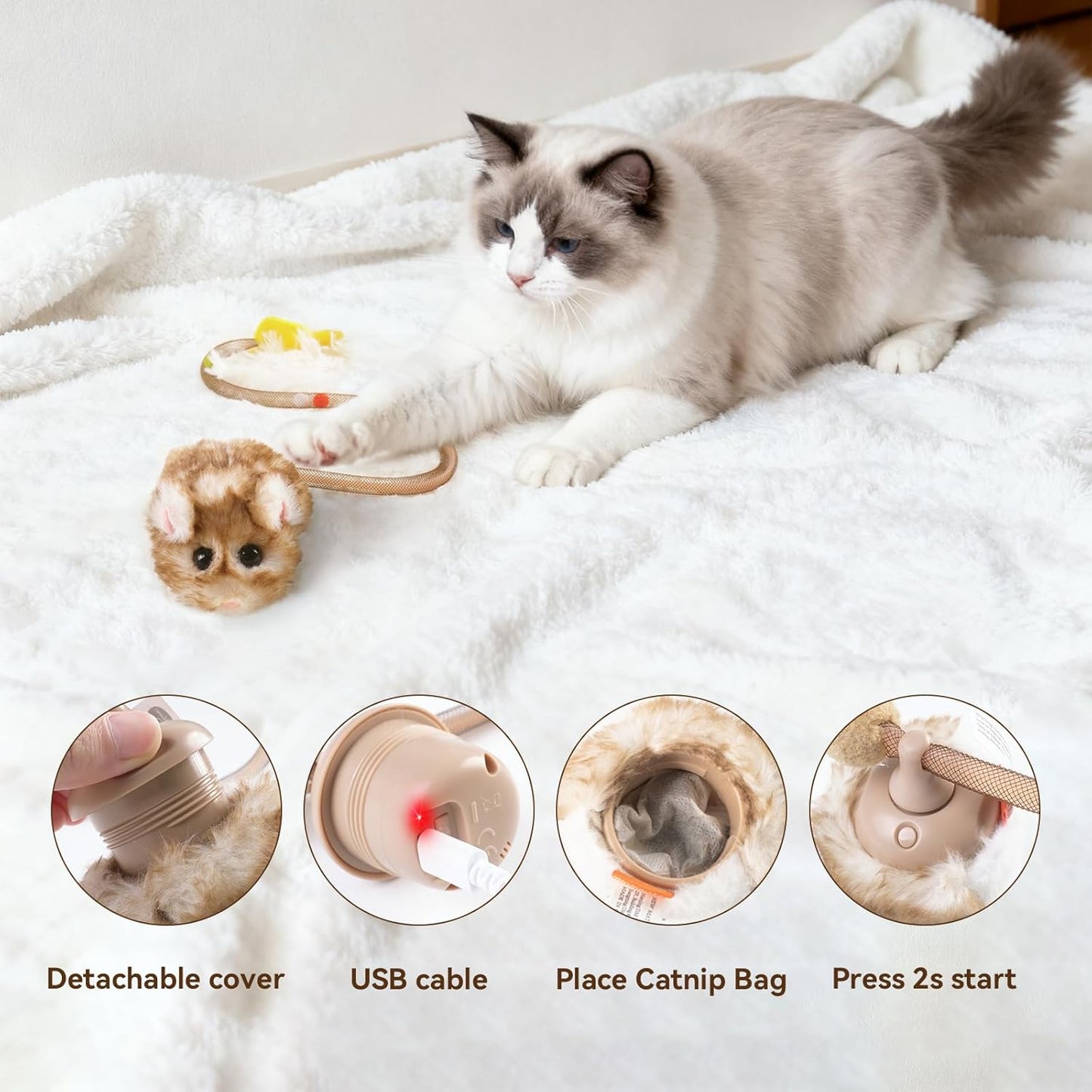 Migipaws Interactive Cat Toy,360° Rolling & Spin Migimouse with Wiggling Tail for Indoor Cats,Smart Motion Sensor, Realistic Squeak, Rechargeable Plush Kitten Toy