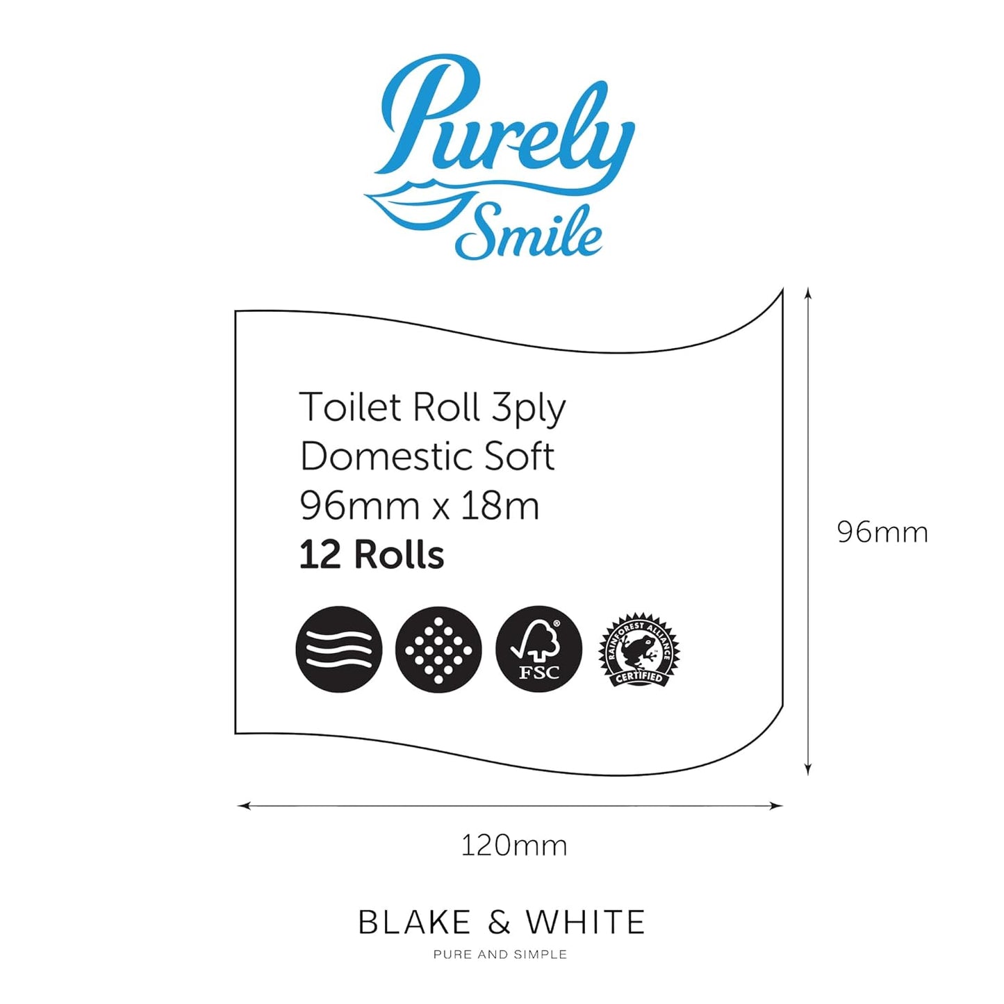 Blake & White Purely Smile 3 Ply Soft Toilet Rolls 12 Pack - Highly Absorbent Toilet Paper for Home & Leisure Centers - Ultra Durable & FSC Certified Tissue Roll - PS1125