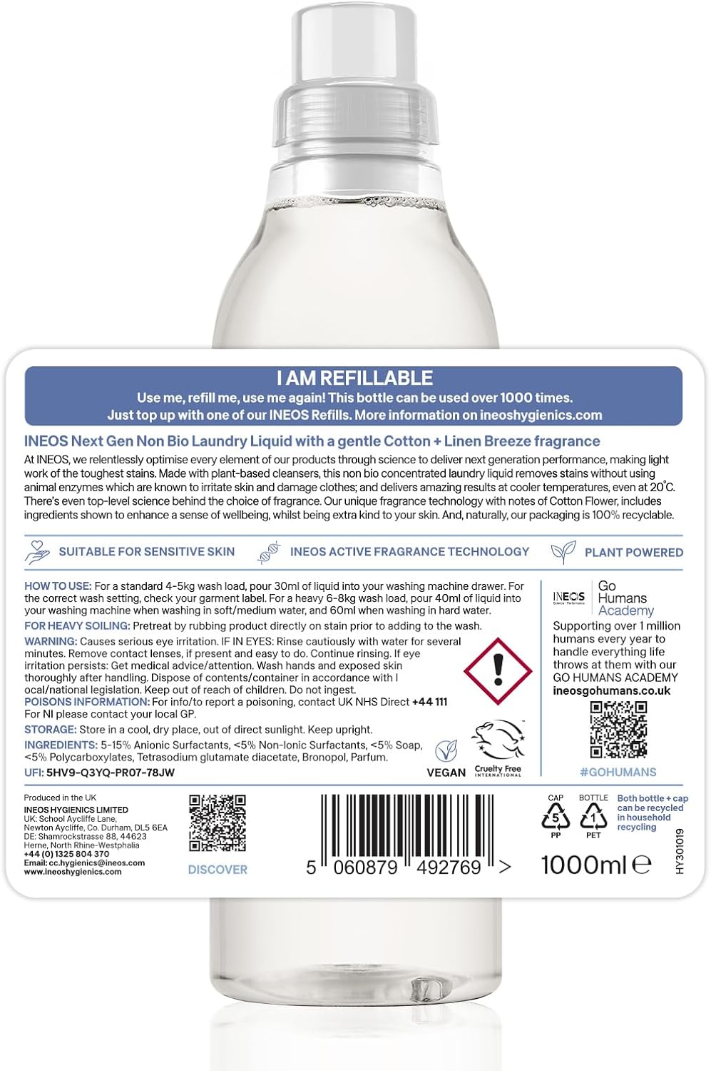 INEOS Non Bio Laundry Washing Liquid Detergent for Sensitive Skin, 198 Washes (6 x 1L) Stain Removal for Clothes, Plant Powered, Stress Relieving Fragrance, Vegan, Cruelty Free, Cotton + Linen Breeze