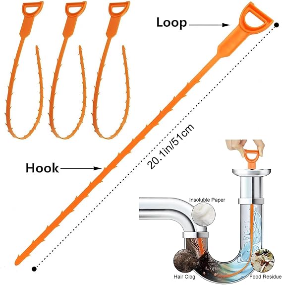 Drain Snake Toilet Unblocker Tool - 3M Sink Drain Plumbing Unblocker Wire, 50CM Drain Snake, 60CM Toilet Auger Hair Clog Remover with Claw, 70CM Sink Cleaning Brush, 6PCS (Orange)