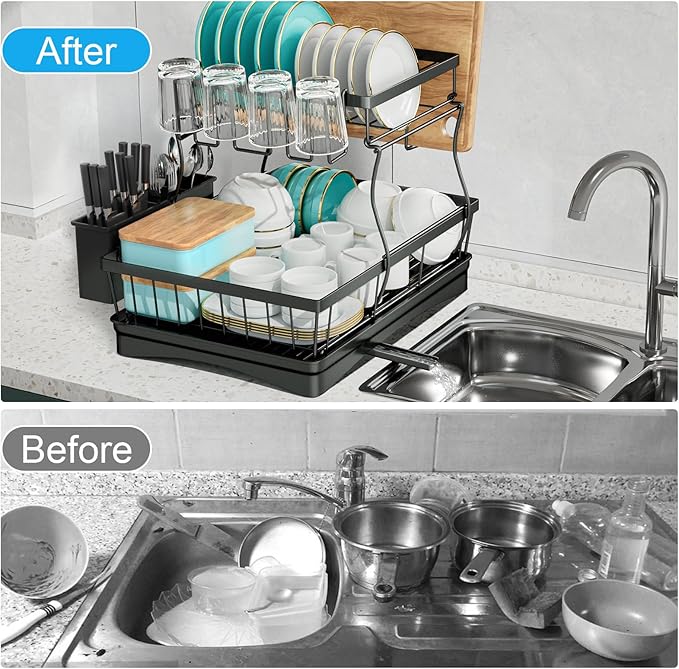 7 code Large Dish Drying Rack for Kitchen Counter,Detachable Large Capacity Dish Drainer Organizer with Utensil Holder,2-Tier Dish Drying Rack with Drain Board,Black
