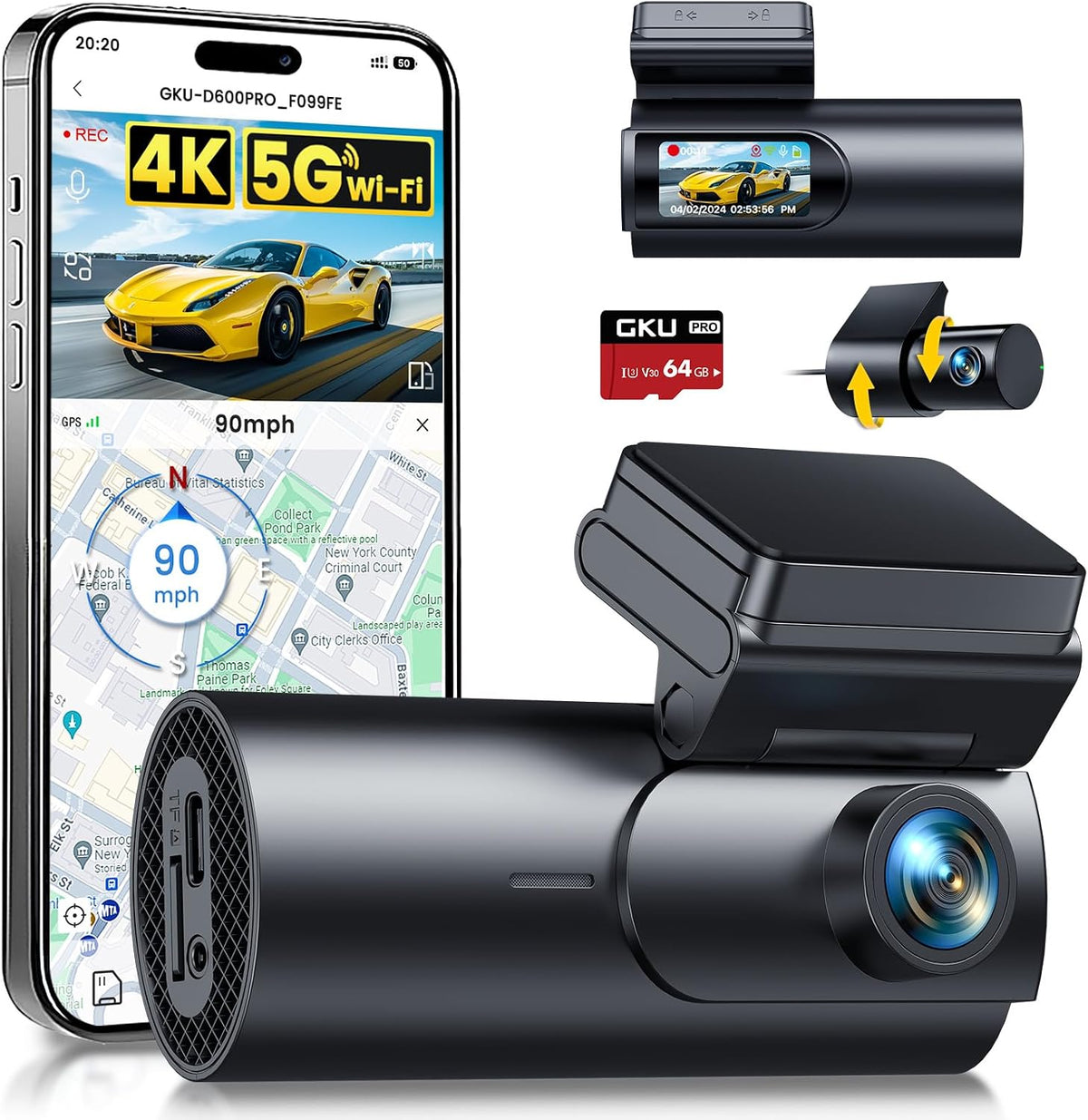 GKU 4K Dash Cam Front Rear GPS 