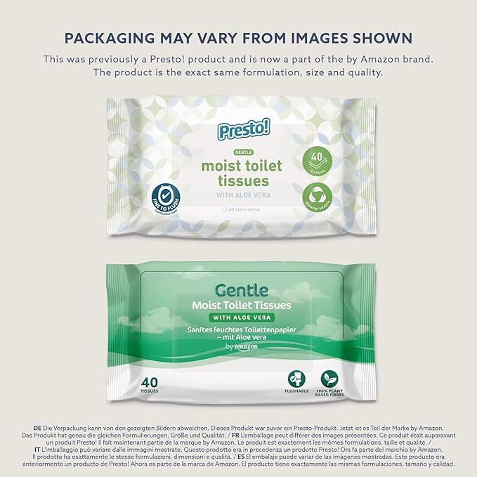 Gentle Moist Toilet Tissues with Aloe Vera, Flushable, 240 Count (6 Packs of 40 sheets) (Previously Presto!)