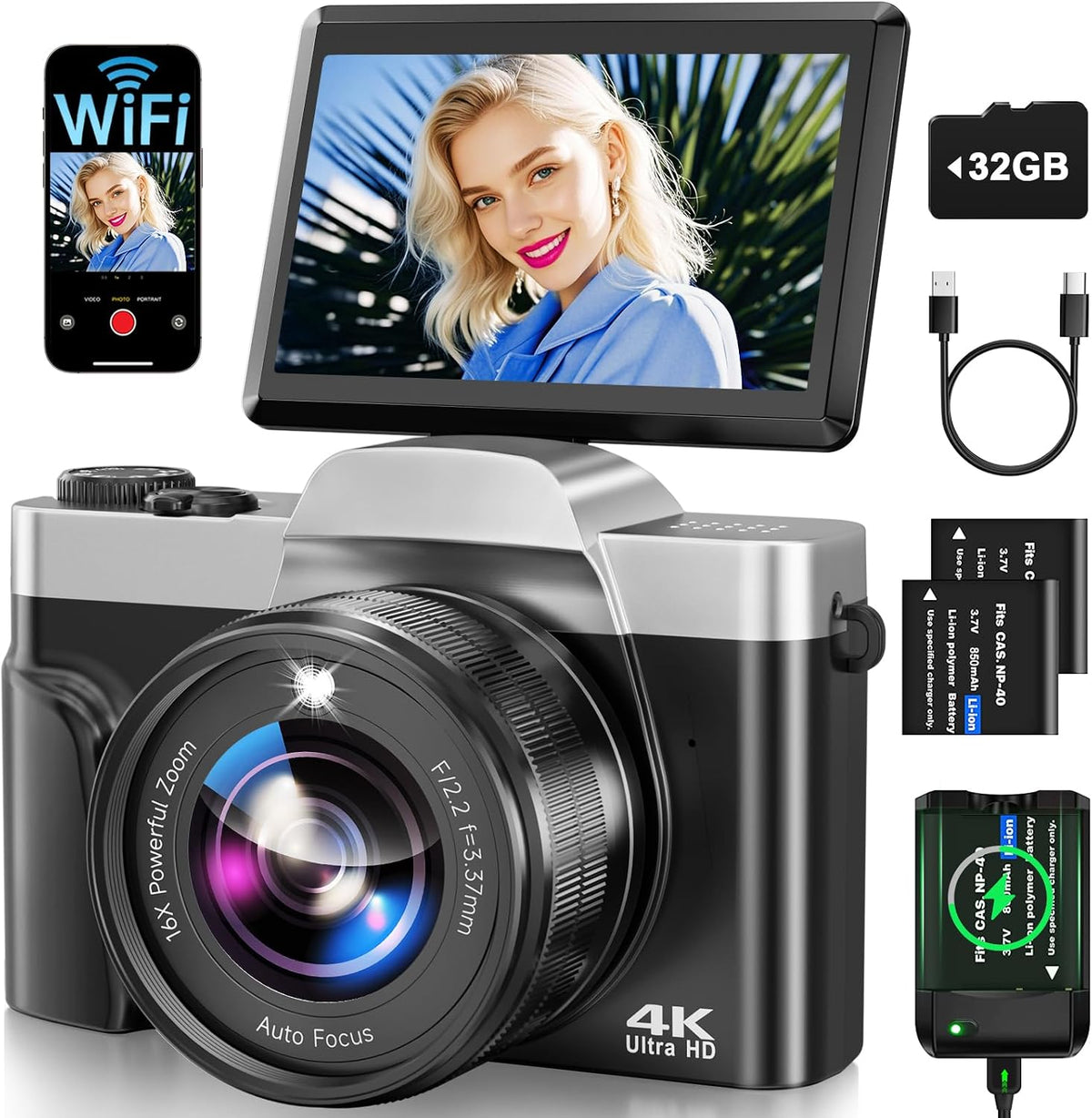 4K 64MP WiFi Vlogging Camera with Flip 