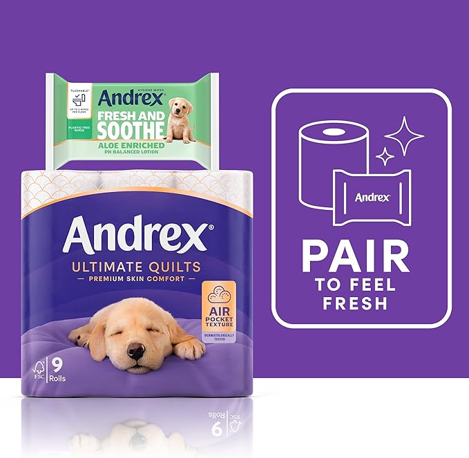 Andrex Supreme Quilts Quilted Toilet Paper - 16 Toilet Roll Pack - 25% Thicker Than Before to Provide Ultimate Quilted Comfort with Unique Air Pocket Texture