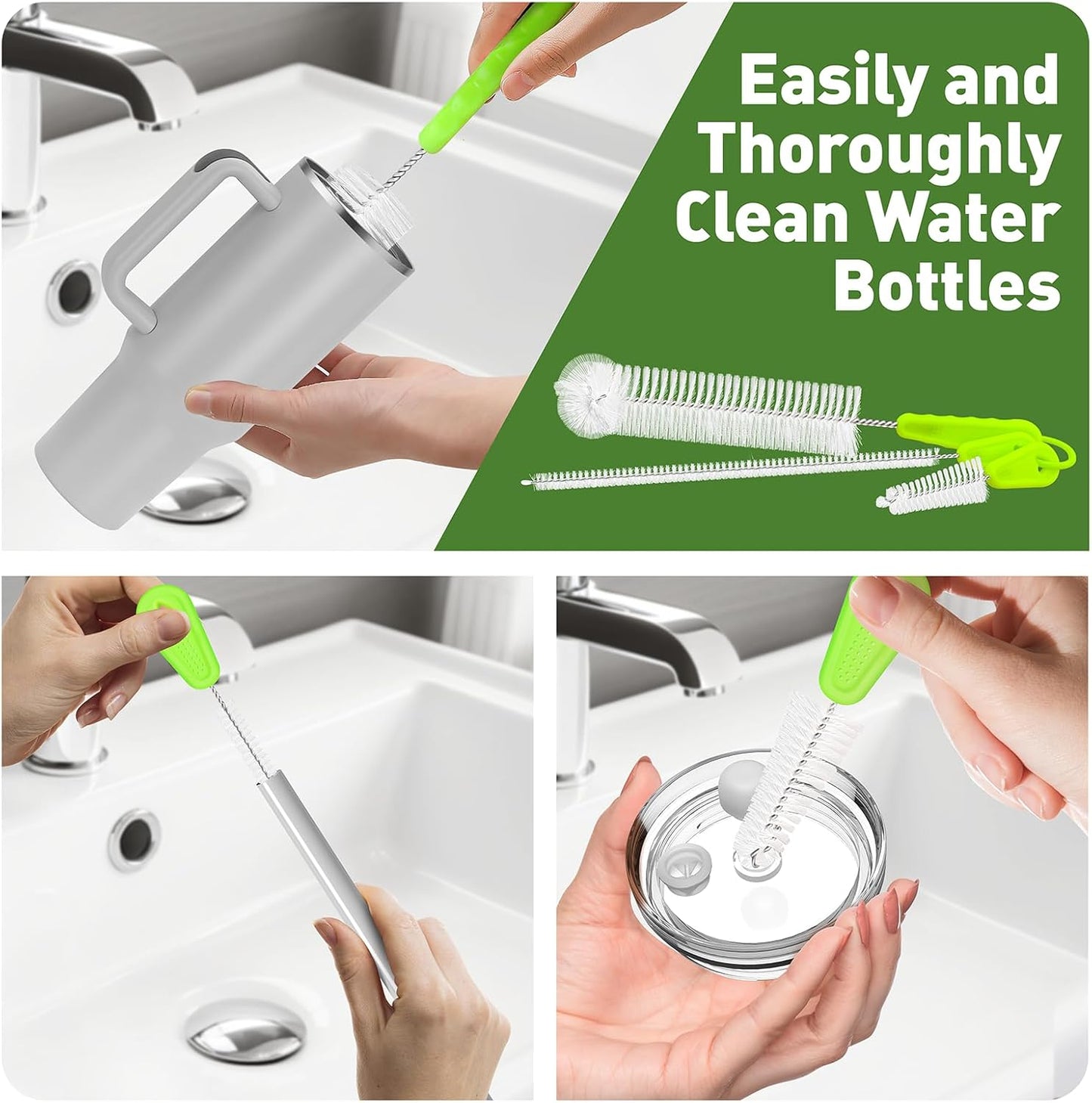 YUNGMAX Bottle Brush Cleaning Set, 3Pcs Long Handle Water Bottle & Straw Cleaner Brushes for Washing Baby Bottles, Drinks Mugs, Flasks, Cup Lids, Teapot Spouts