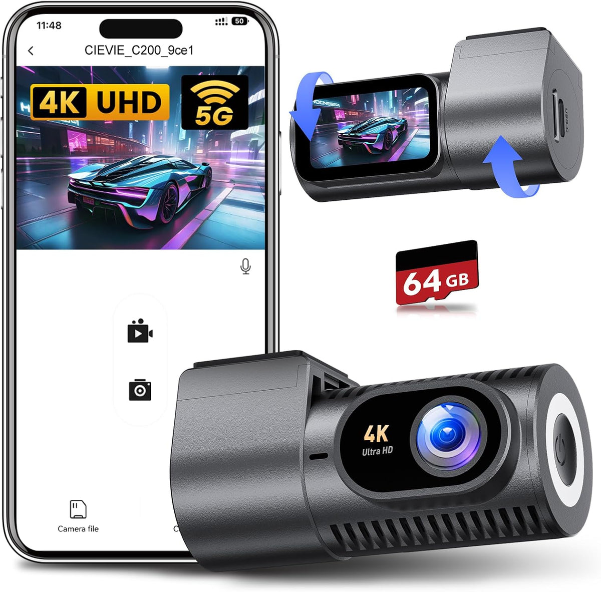 4K Front Dash Cam 5GHz WiFi 64GB 