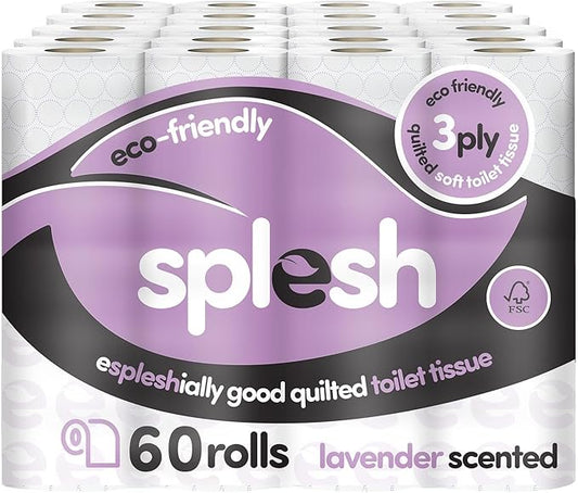 Splesh by Cusheen 3-ply Toilet Roll - Lavender Fragrance (60 Pack) Soft, Quilted Bulk Toilet Rolls, Toilet Tissue and Loo Rolls – Eco-Friendly Toilet Paper Sustainably Crafted in The UK