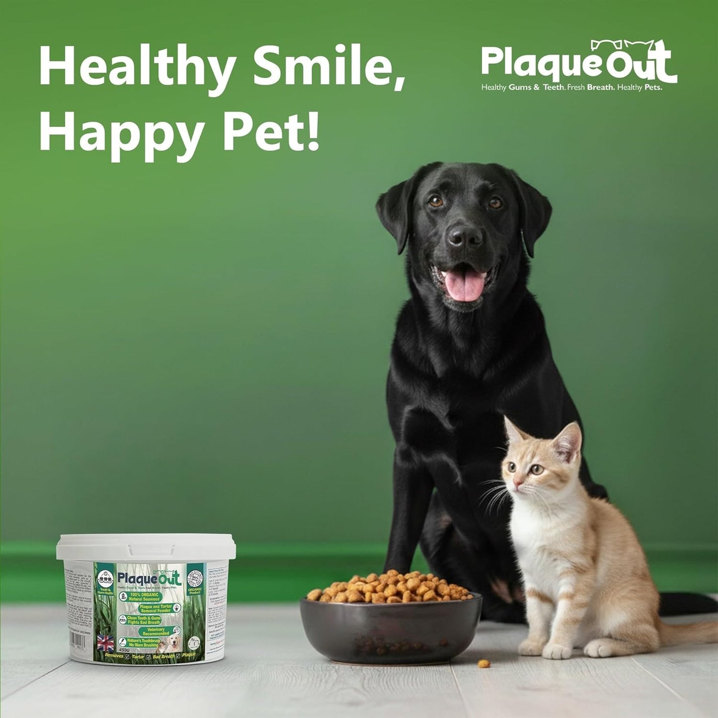 PLAQUE OUT 450g Pot - Plaque Off Remover - 100% Natural and Organic Seaweed Powder for Dogs & Cats - Dog Teeth Cleaning, Plaque Removal, Pet Dental Care, Bad Breath, Gum Care and Tartar Control