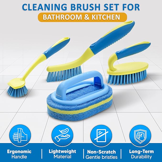 KOKSI Cleaning Brush for Bathroom Kitchen Bathtube Toilet All Purpose Sponge Brush with Ergonomic Handle (4, 4, count)