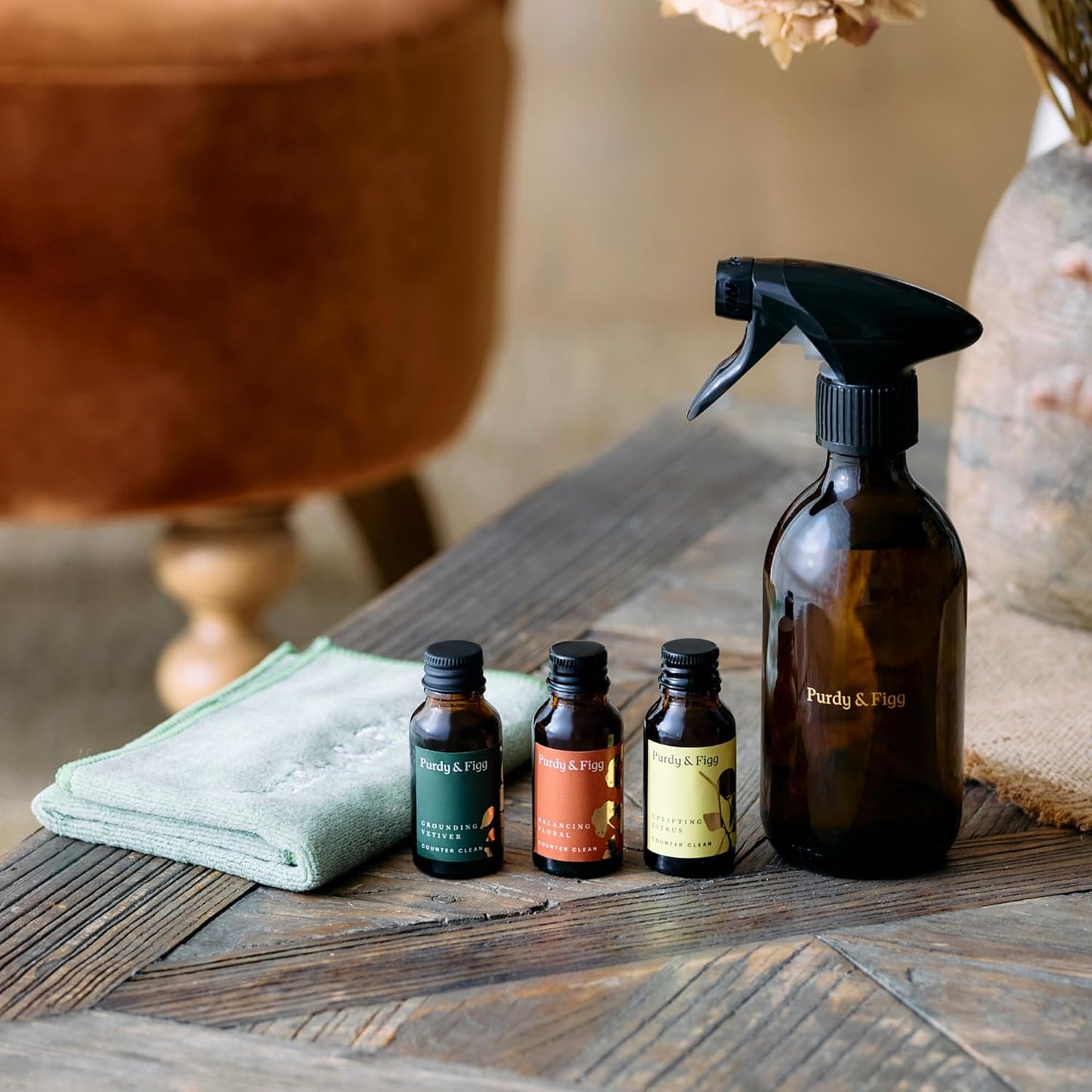 Purdy & Figg | Counter Clean Mixed Starter Kit | All Natural Gentle Non Toxic Organic Essential Oils Multipurpose Cleaner | Citrus Floral Vetiver | Home Kitchen Countertop