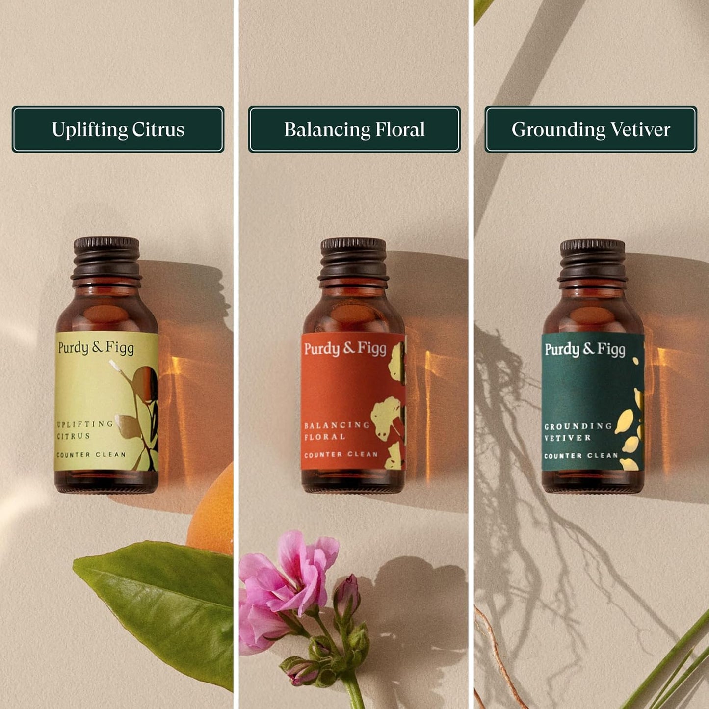 Purdy & Figg | Counter Clean Mixed Refill Kit | All-Purpose Cleaning Spray with Organic Essential Oils | Natural & Non-Toxic | Home & Kitchen Countertops | Citrus/Floral/Vetiver Scents