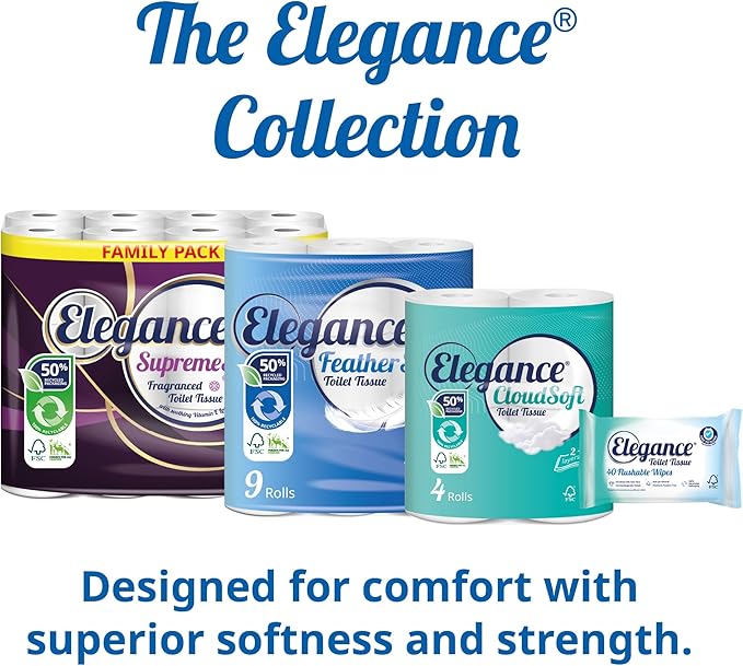 Elegance Feather Soft Toilet Roll - Bulk Buy Pack of 54 Rolls - Ultra Soft, 3-Ply, Recycled, Eco-Friendly, UK Manufactured