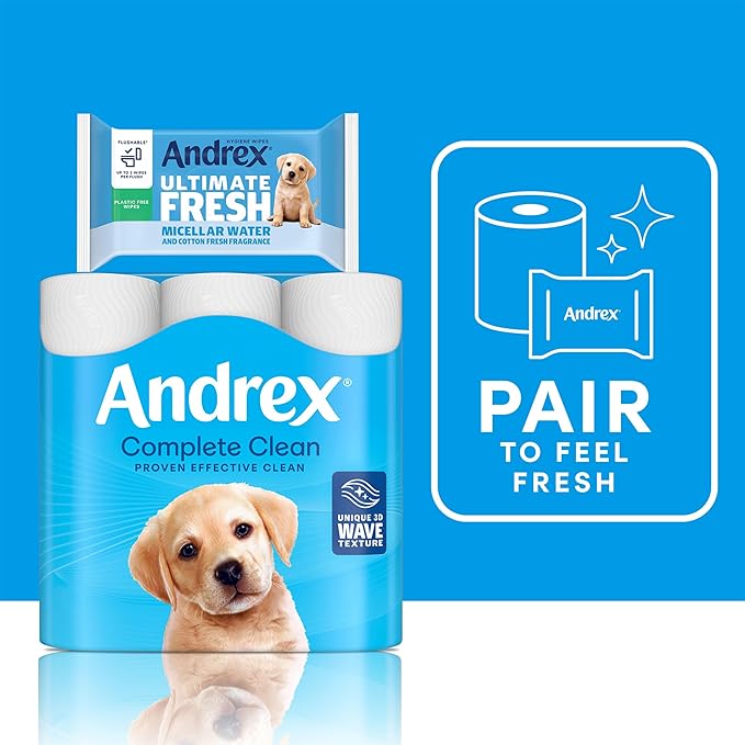 Andrex Ultimate Fresh Washlets, 12 Packs - Gentle, Biodegradable, Flushable Toilet Wipes for Everyday Hygiene, Use with Regular Toilet Roll for a Shower Fresh Clean