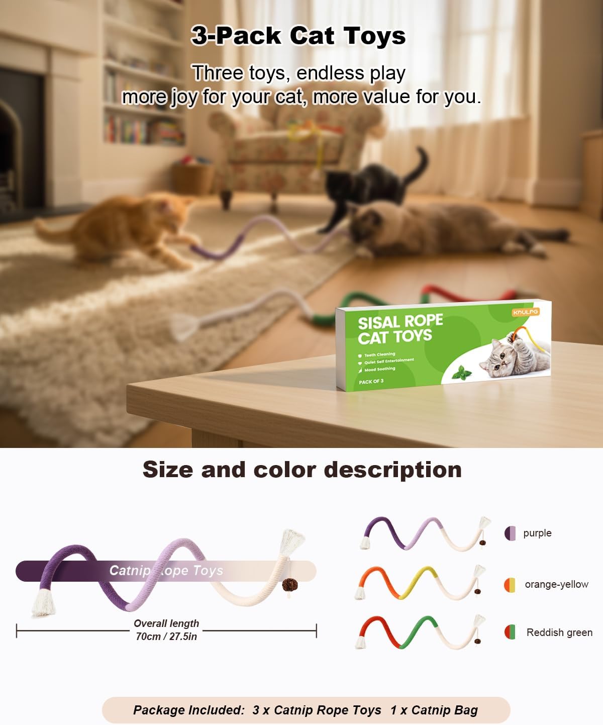 Natural Catnip Chew Rope for Cats – Pack of 3 (27 Inches Each) | Includes Refillable Catnip Pouch | Interactive Cat Toys for Indoor Cats & Kittens | Stress Relief, Dental Health & Enrichment Play