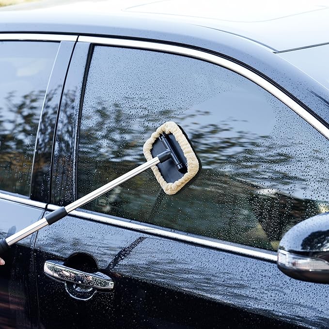 POLYTE Pivoting Extra-long Windshield Glass Cleaning Tool Extendable Aluminum Handle w/3 Premium Microfibre Covers