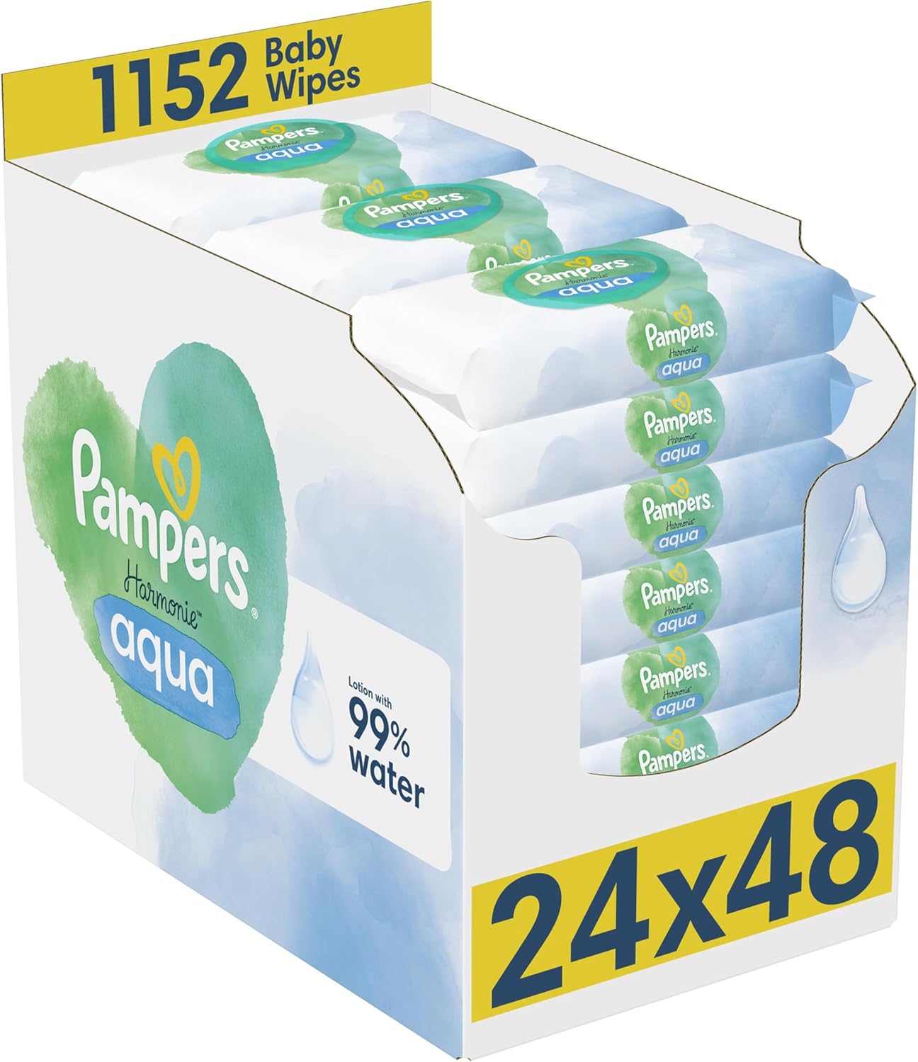 Pampers Harmonie Aqua Baby Wipes – 99% Water, Plastic Free & Gentle Lotion | Helps Restore Natural Skin pH | Suitable for Newborn & Sensitive Skin | 1152 Wipes (24 x 48 Packs)